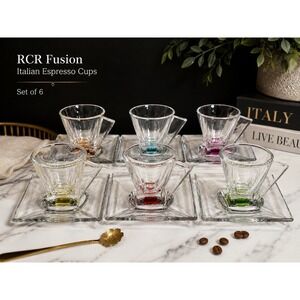 RCR Fusion Italian Crystal Espresso Cups & Square Saucers Set of 6 Italy